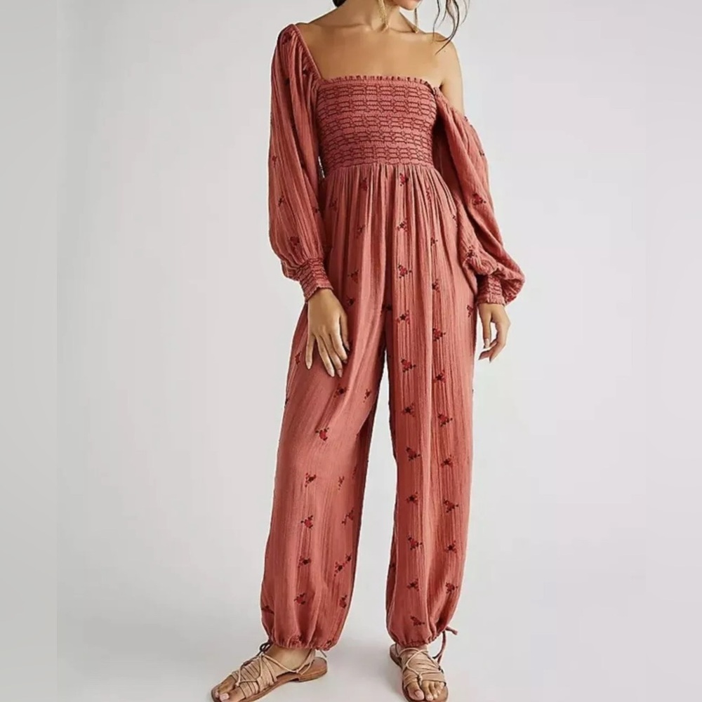 Free People Dahlia Floral Embroidered Smocked Puff Sleeve Boho Pant Jumpsuit